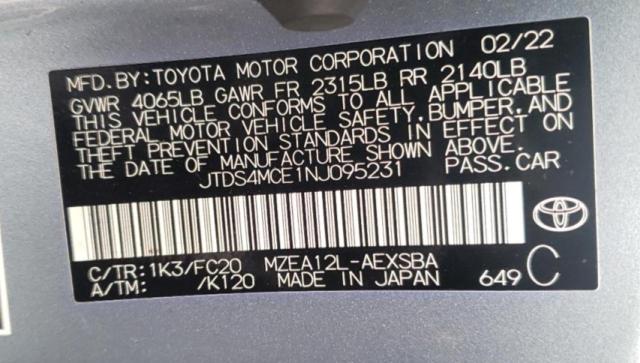 Photo 11 VIN: JTDS4MCE1NJ095231 - TOYOTA COROLLA 