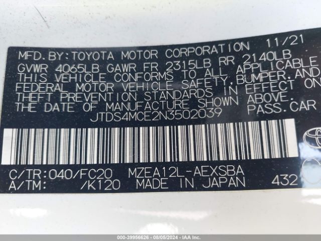 Photo 8 VIN: JTDS4MCE2N3502039 - TOYOTA COROLLA 