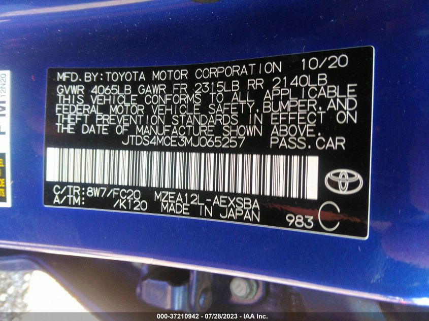 Photo 8 VIN: JTDS4MCE3MJ065257 - TOYOTA COROLLA 