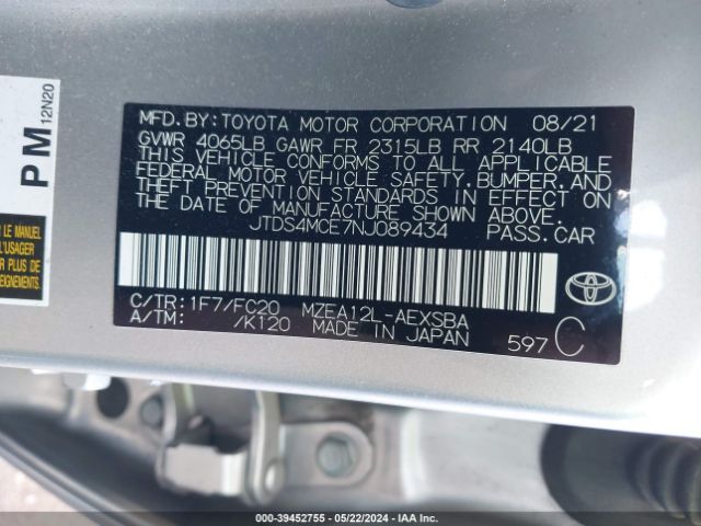 Photo 8 VIN: JTDS4MCE7NJ089434 - TOYOTA COROLLA 