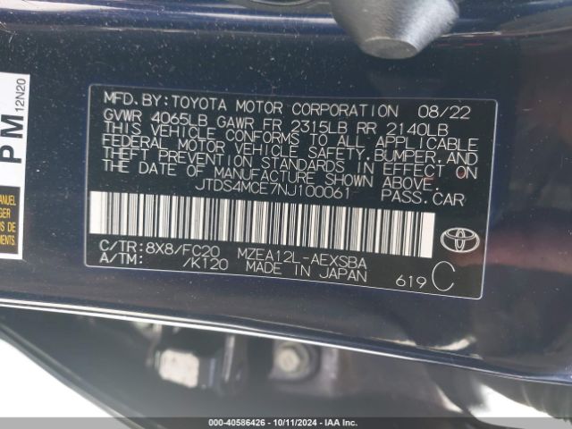 Photo 8 VIN: JTDS4MCE7NJ100061 - TOYOTA COROLLA 