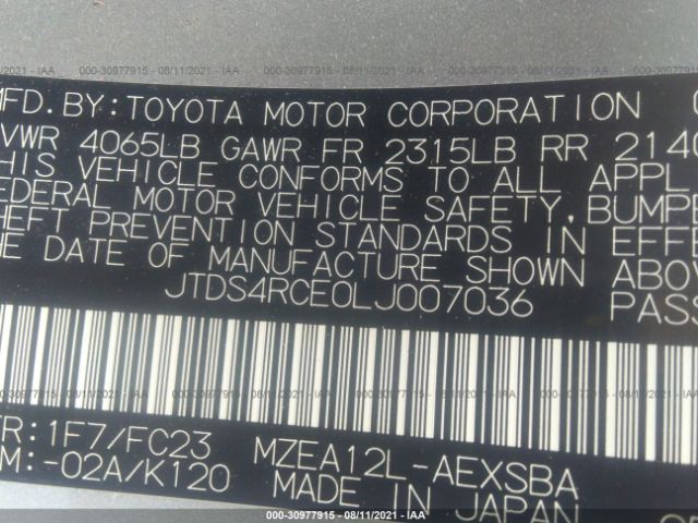 Photo 8 VIN: JTDS4RCE0LJ007036 - TOYOTA COROLLA 