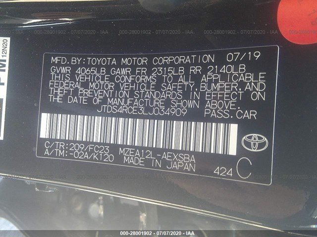 Photo 8 VIN: JTDS4RCE3LJ034909 - TOYOTA COROLLA 