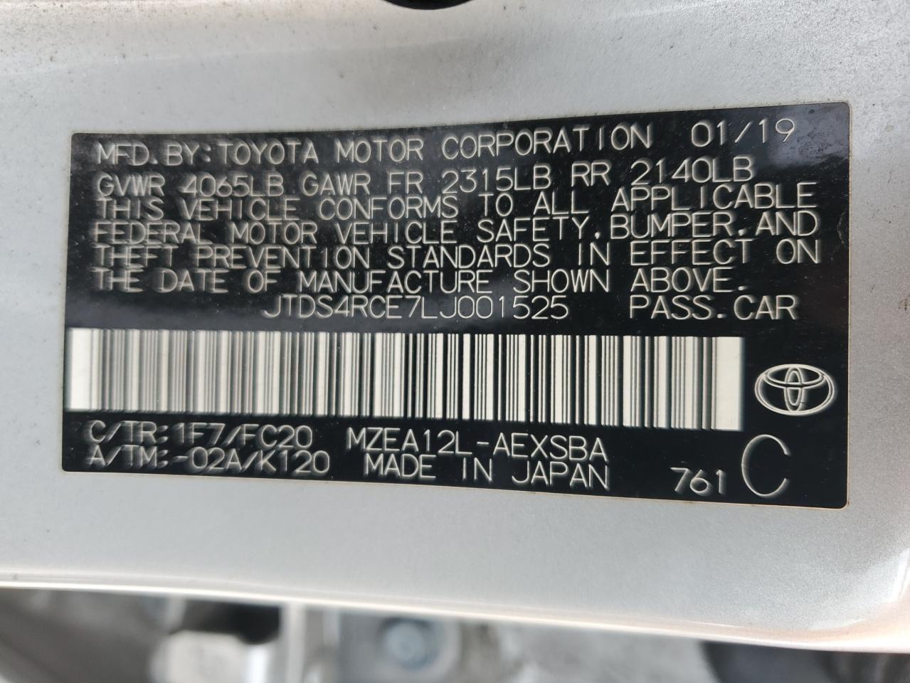 Photo 12 VIN: JTDS4RCE7LJ001525 - TOYOTA COROLLA 