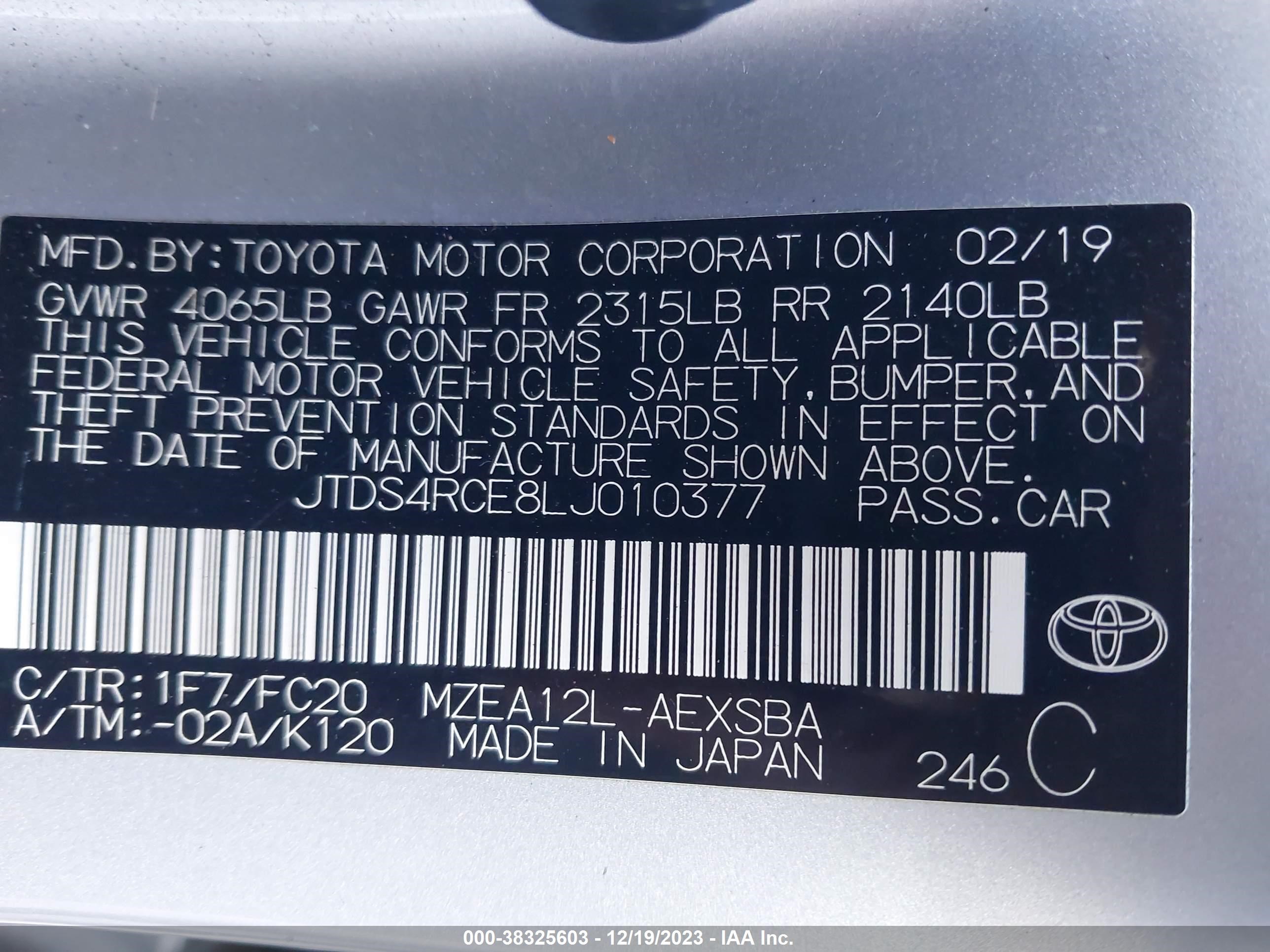 Photo 8 VIN: JTDS4RCE8LJ010377 - TOYOTA COROLLA 