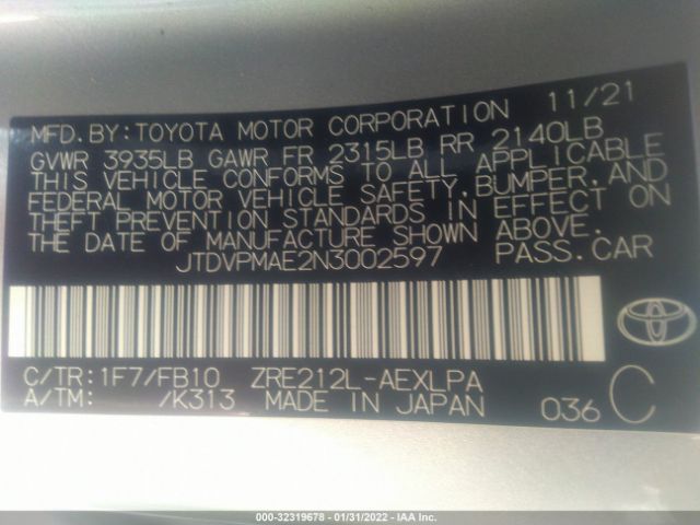 Photo 8 VIN: JTDVPMAE2N3002597 - TOYOTA COROLLA 