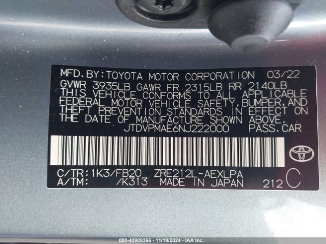 Photo 8 VIN: JTDVPMAE6NJ222000 - TOYOTA COROLLA 