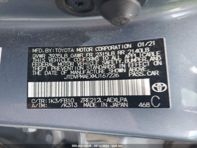 Photo 8 VIN: JTDVPMAEXMJ167226 - TOYOTA COROLLA 