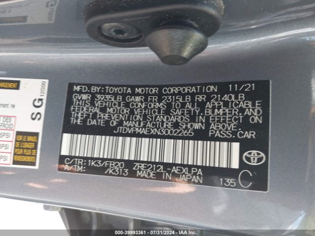 Photo 8 VIN: JTDVPMAEXN3002265 - TOYOTA COROLLA 