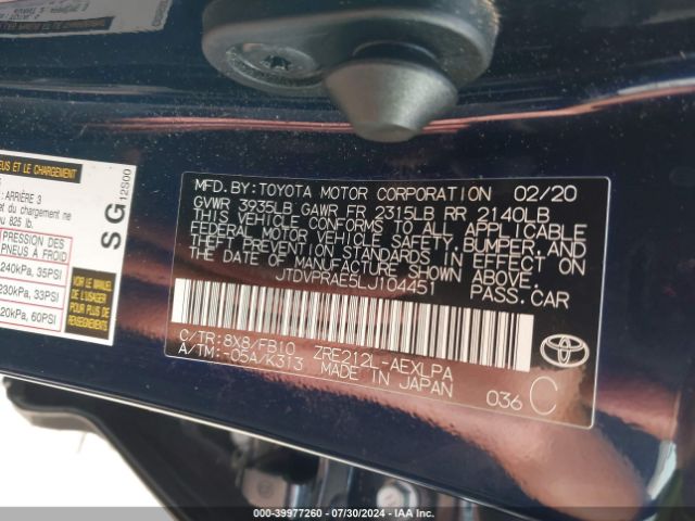 Photo 8 VIN: JTDVPRAE5LJ104451 - TOYOTA COROLLA 