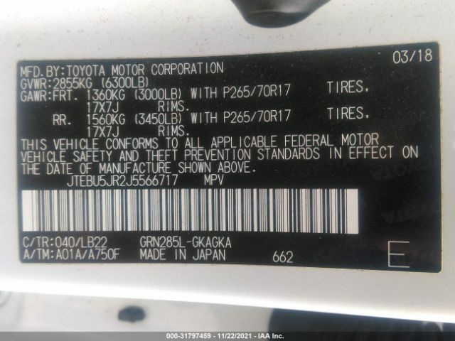 Photo 8 VIN: JTEBU5JR2J5566717 - TOYOTA 4RUNNER 