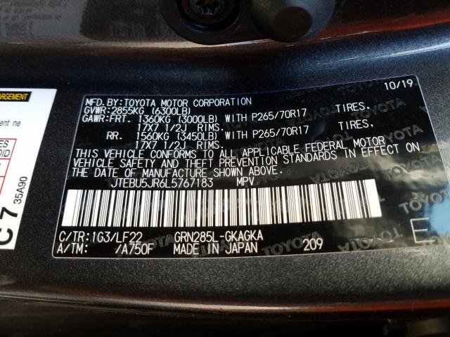 Photo 9 VIN: JTEBU5JR6L5767183 - TOYOTA 4RUNNER SR 