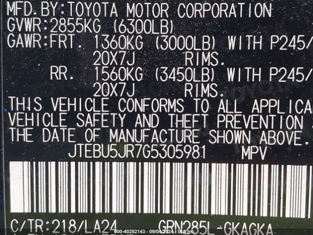 Photo 8 VIN: JTEBU5JR7G5305981 - TOYOTA 4RUNNER 