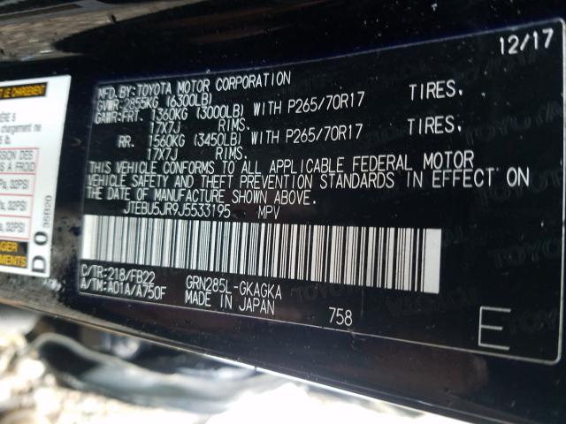 Photo 9 VIN: JTEBU5JR9J5533195 - TOYOTA 4RUNNER SR 