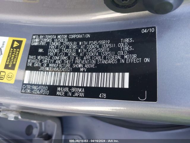 Photo 8 VIN: JTEBW3EH8A2045521 - TOYOTA HIGHLANDER HYBRID 