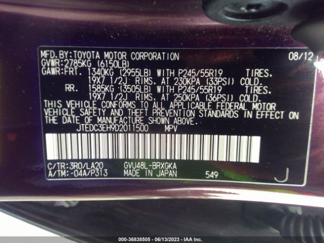 Photo 8 VIN: JTEDC3EH9D2011500 - TOYOTA HIGHLANDER HYBRID 