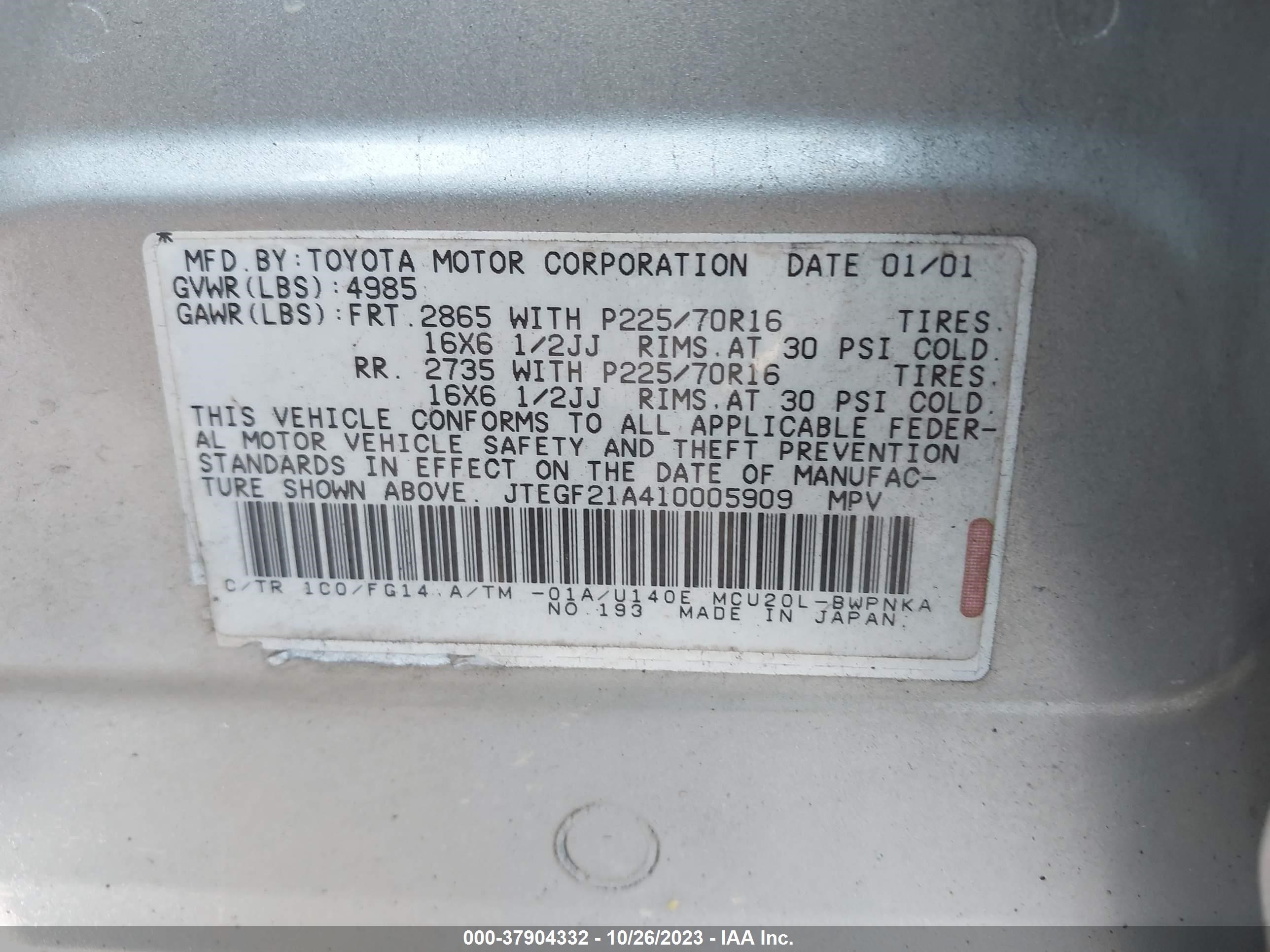 Photo 8 VIN: JTEGF21A410005909 - TOYOTA HIGHLANDER 