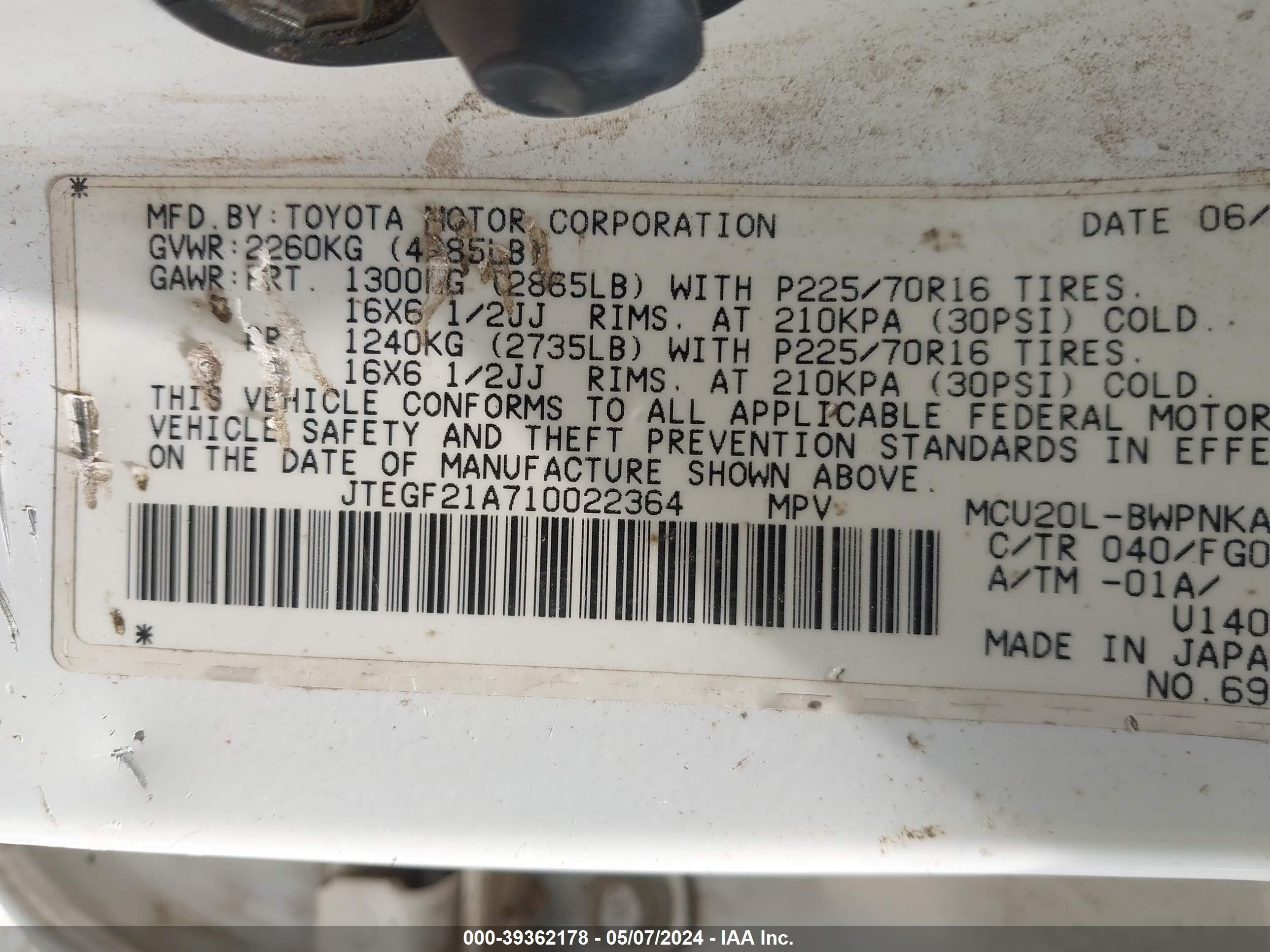 Photo 8 VIN: JTEGF21A710022364 - TOYOTA HIGHLANDER 