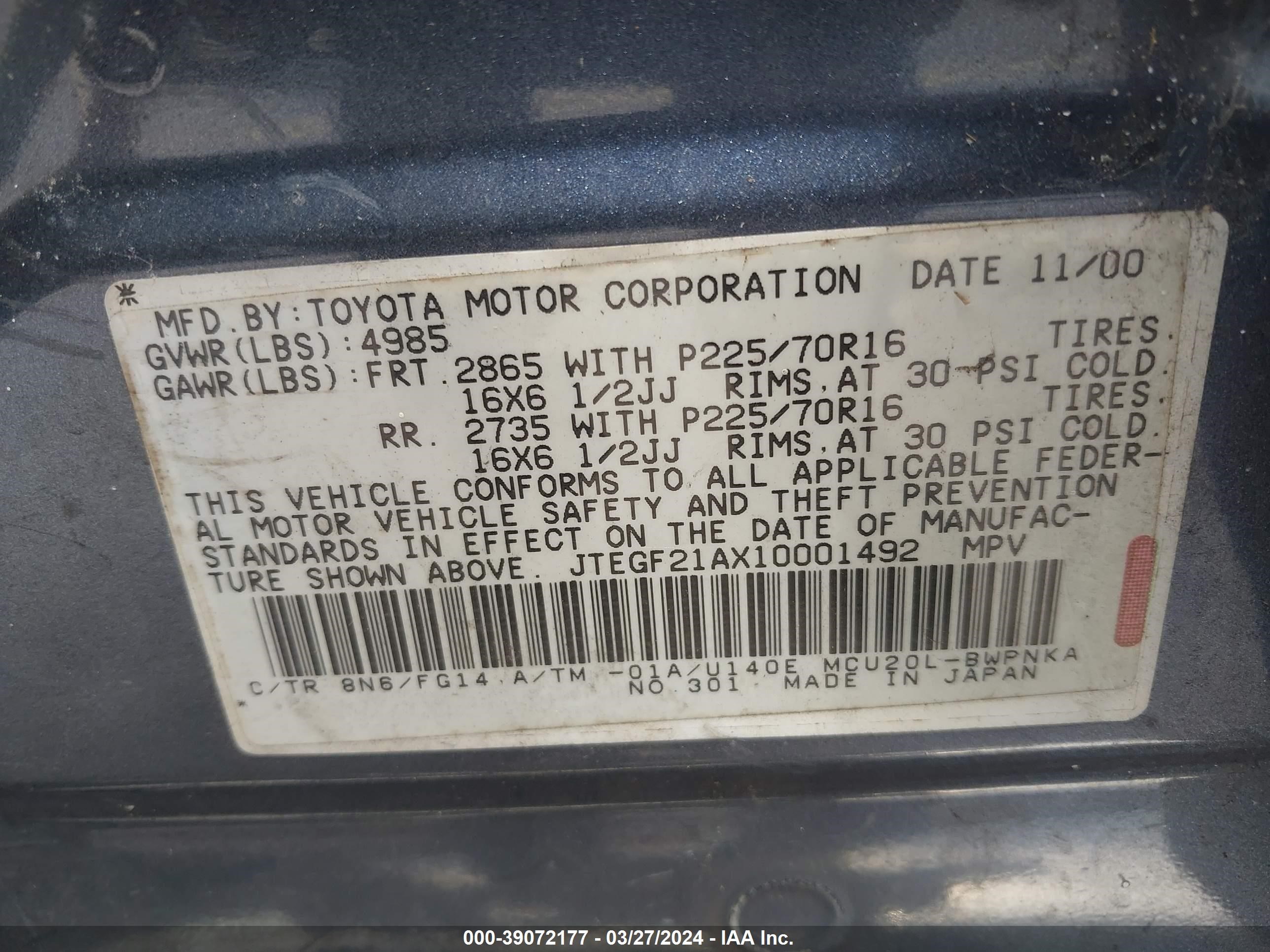 Photo 8 VIN: JTEGF21AX10001492 - TOYOTA HIGHLANDER 