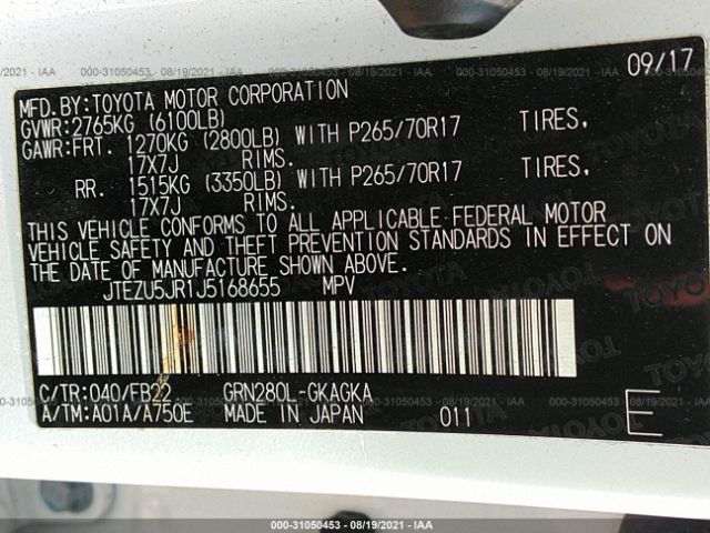 Photo 8 VIN: JTEZU5JR1J5168655 - TOYOTA 4RUNNER 