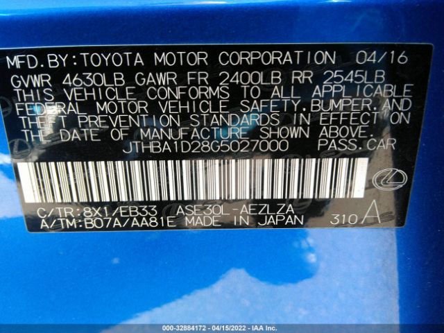 Photo 8 VIN: JTHBA1D28G5027000 - LEXUS IS 200T 