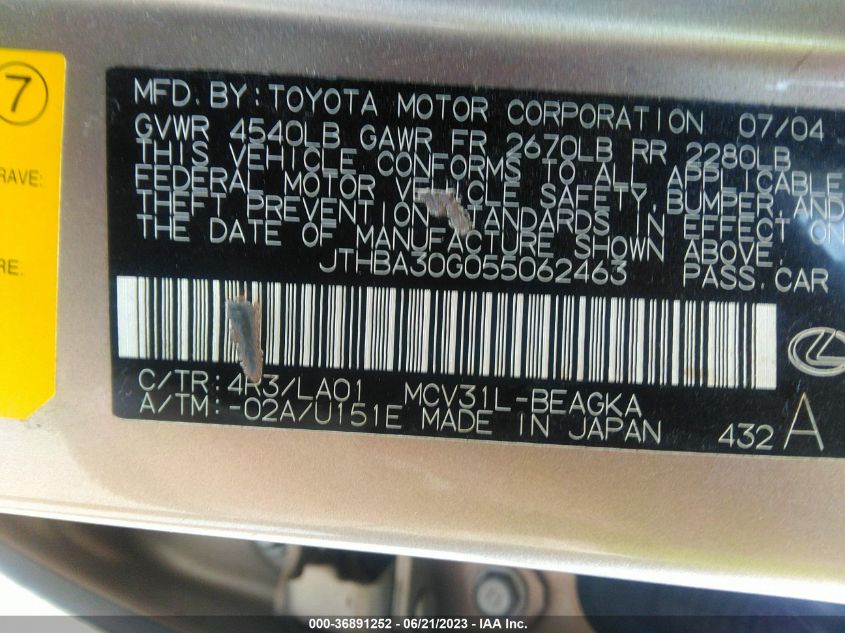 Photo 8 VIN: JTHBA30G055062463 - LEXUS ES330 