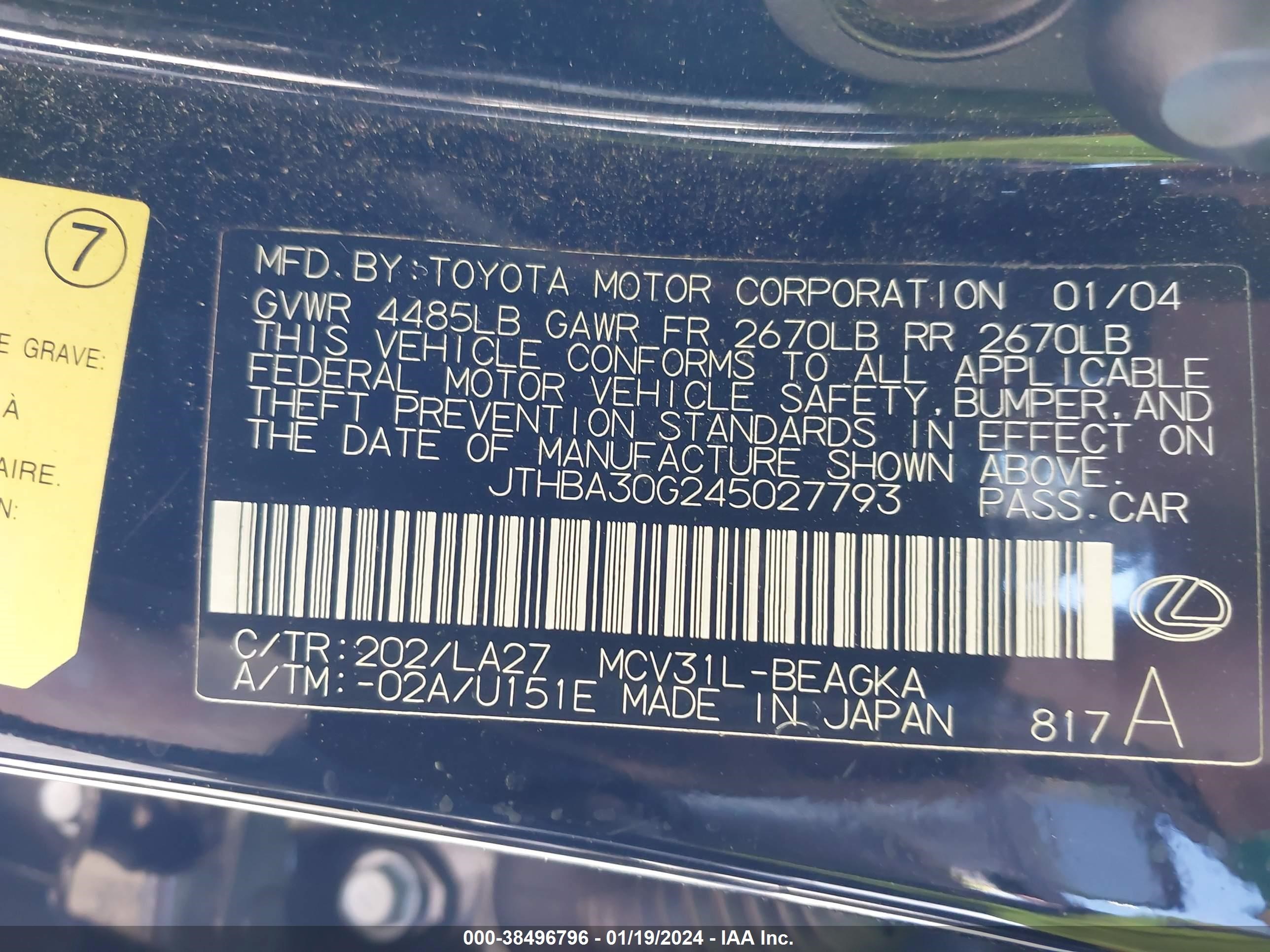 Photo 8 VIN: JTHBA30G245027793 - LEXUS ES 