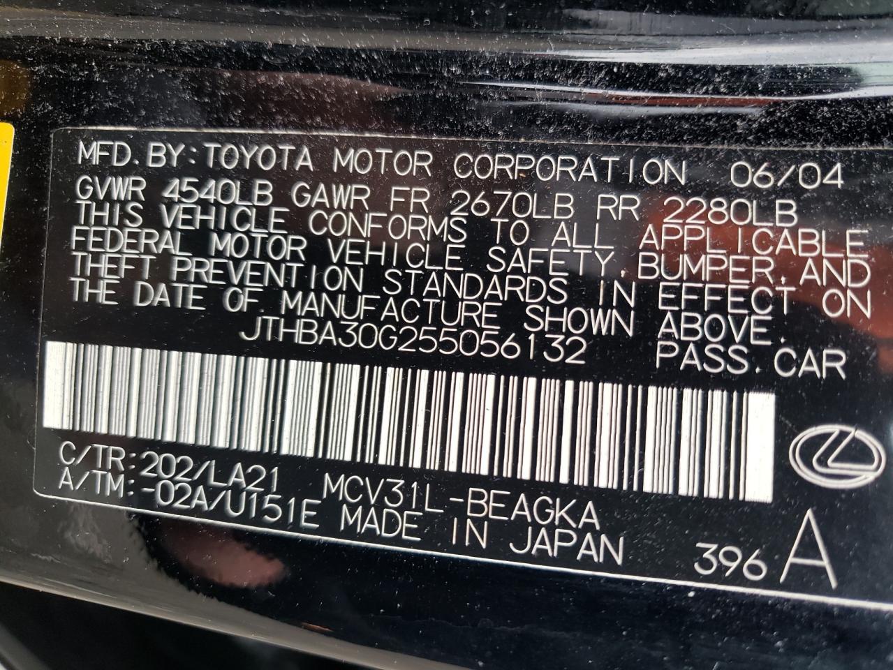 Photo 11 VIN: JTHBA30G255056132 - LEXUS ES 