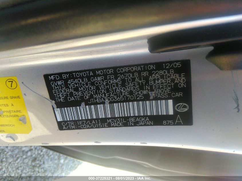 Photo 8 VIN: JTHBA30G365170125 - LEXUS ES 