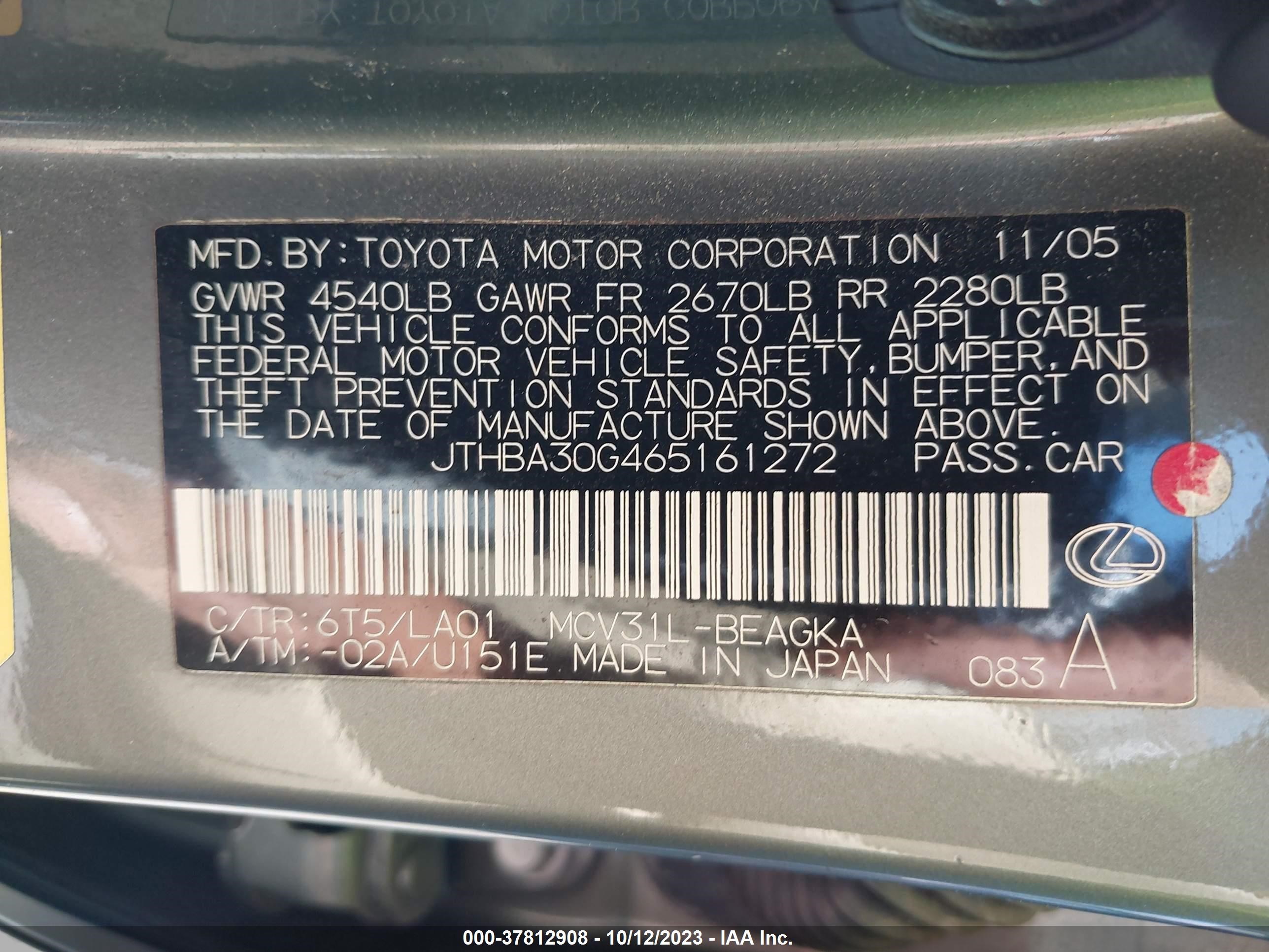 Photo 8 VIN: JTHBA30G465161272 - LEXUS ES 