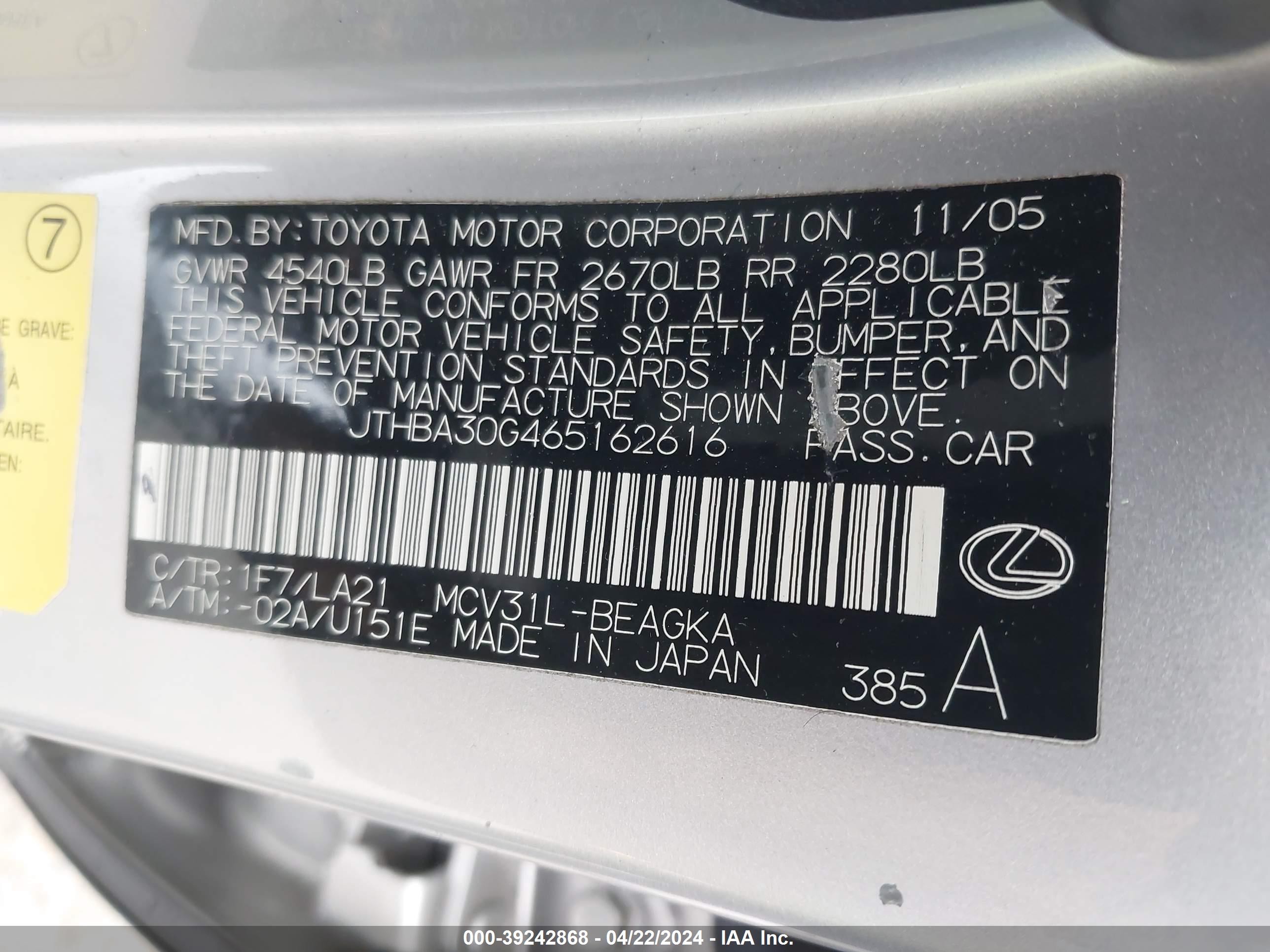 Photo 8 VIN: JTHBA30G465162616 - LEXUS ES 