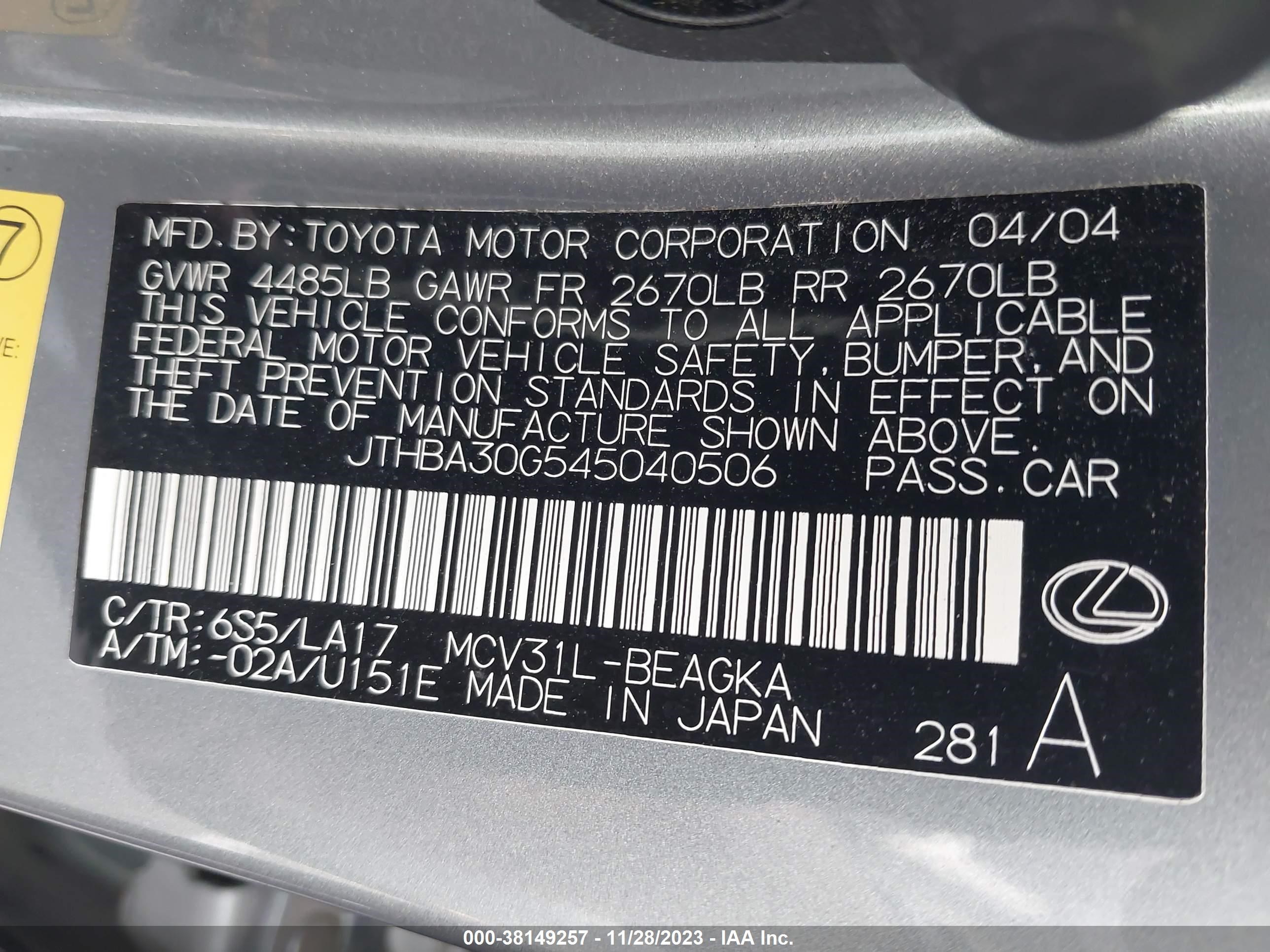 Photo 8 VIN: JTHBA30G545040506 - LEXUS ES 