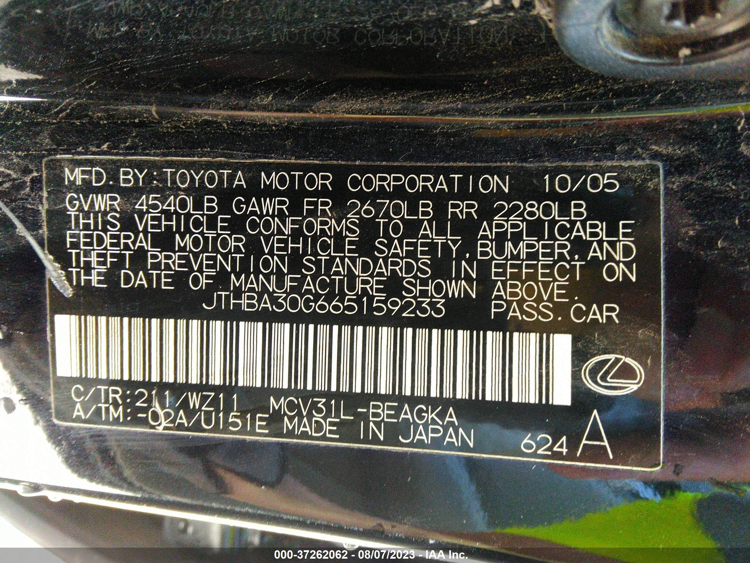 Photo 8 VIN: JTHBA30G665159233 - LEXUS ES 