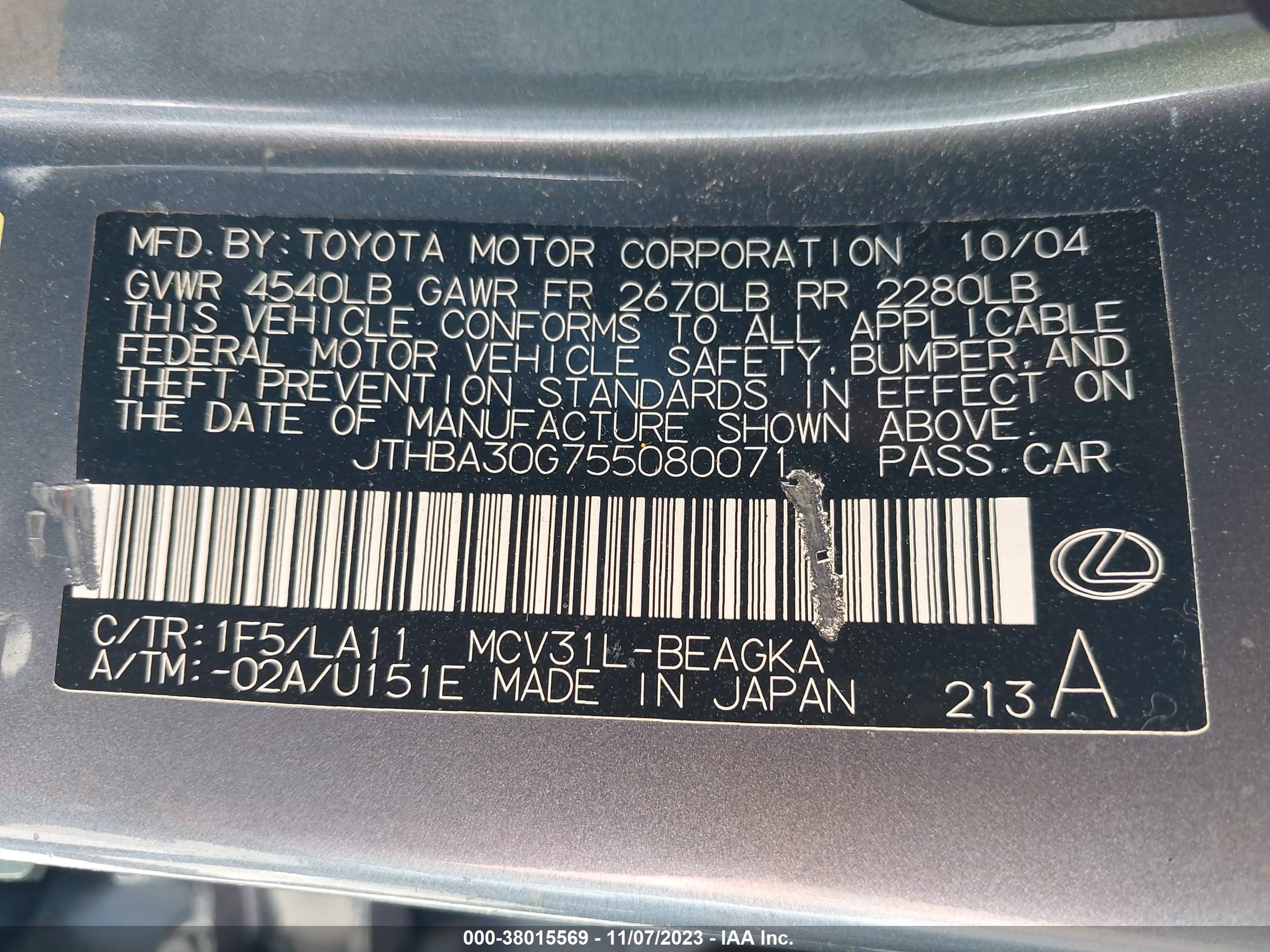 Photo 8 VIN: JTHBA30G755080071 - LEXUS ES 