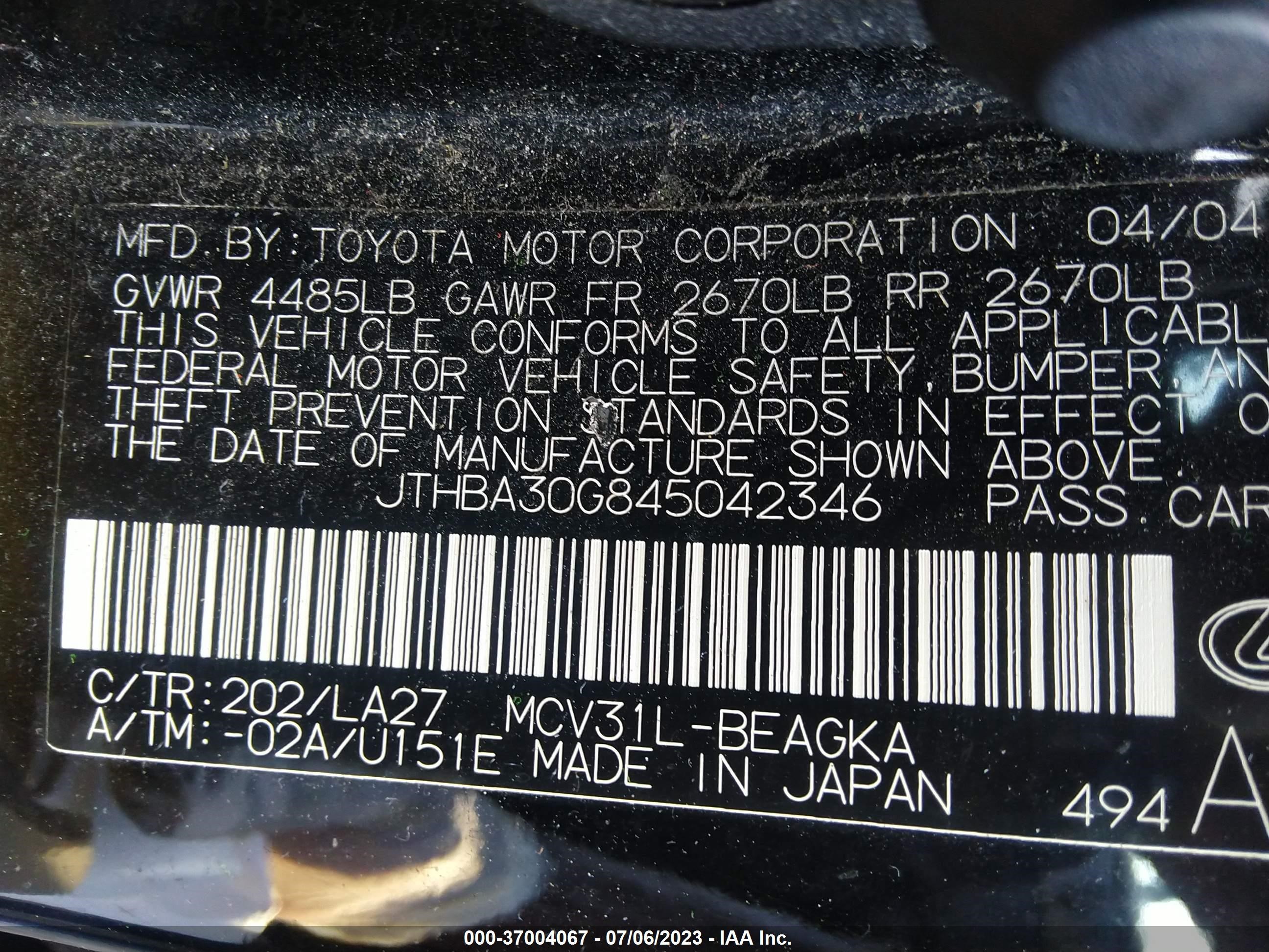 Photo 8 VIN: JTHBA30G845042346 - LEXUS ES 