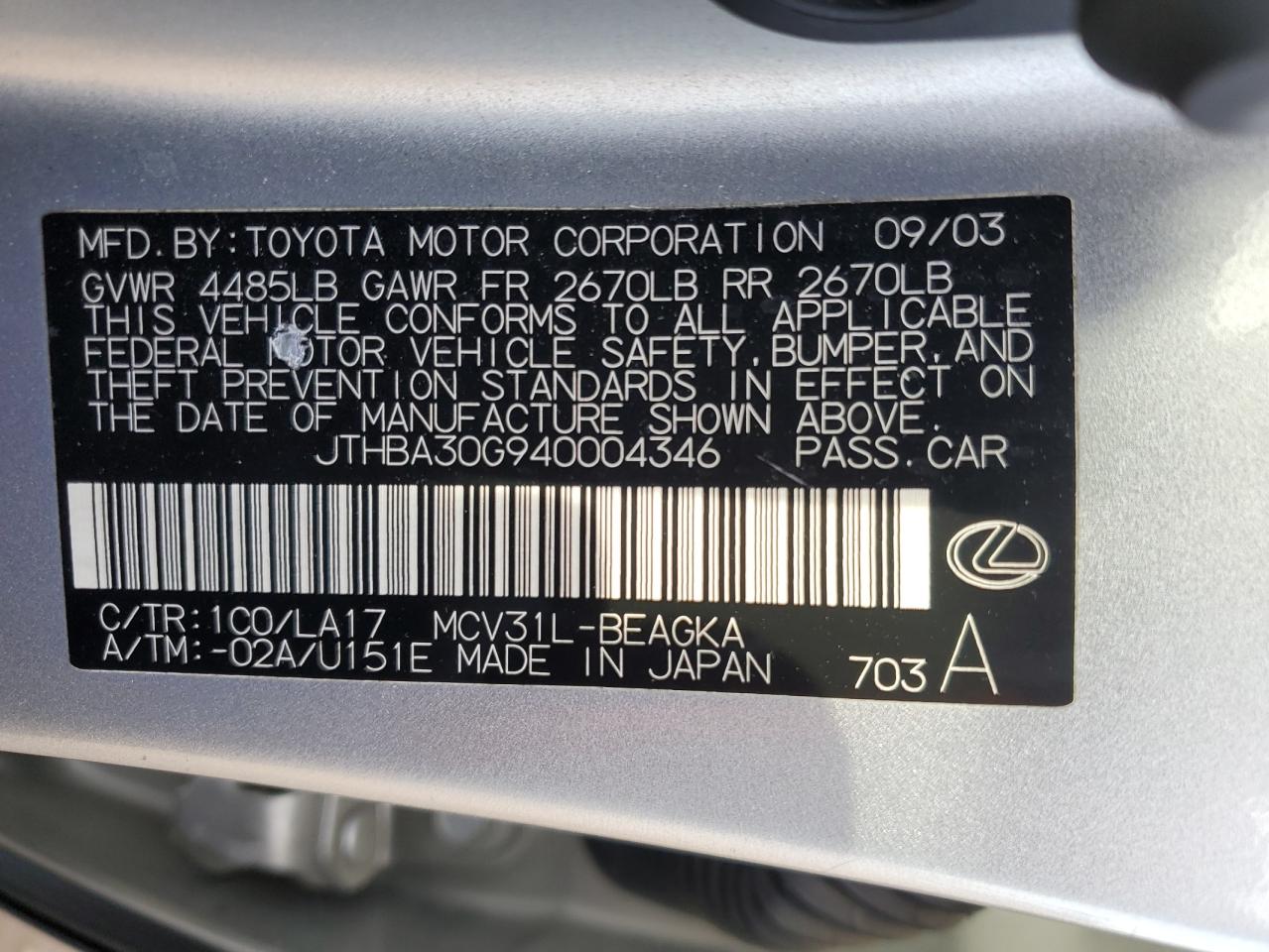 Photo 11 VIN: JTHBA30G940004346 - LEXUS ES 