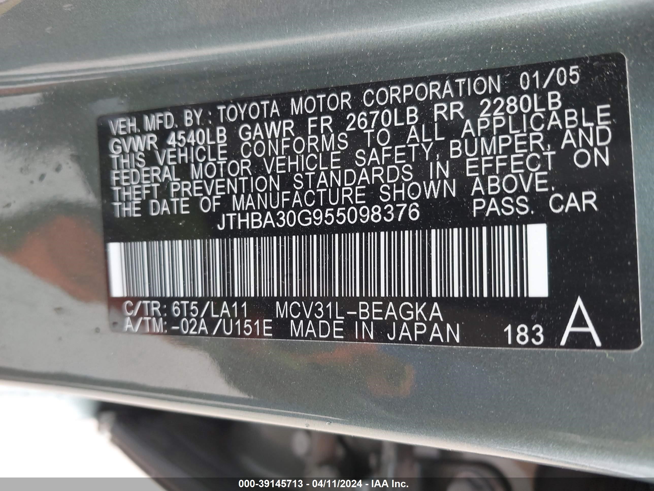 Photo 8 VIN: JTHBA30G955098376 - LEXUS ES 