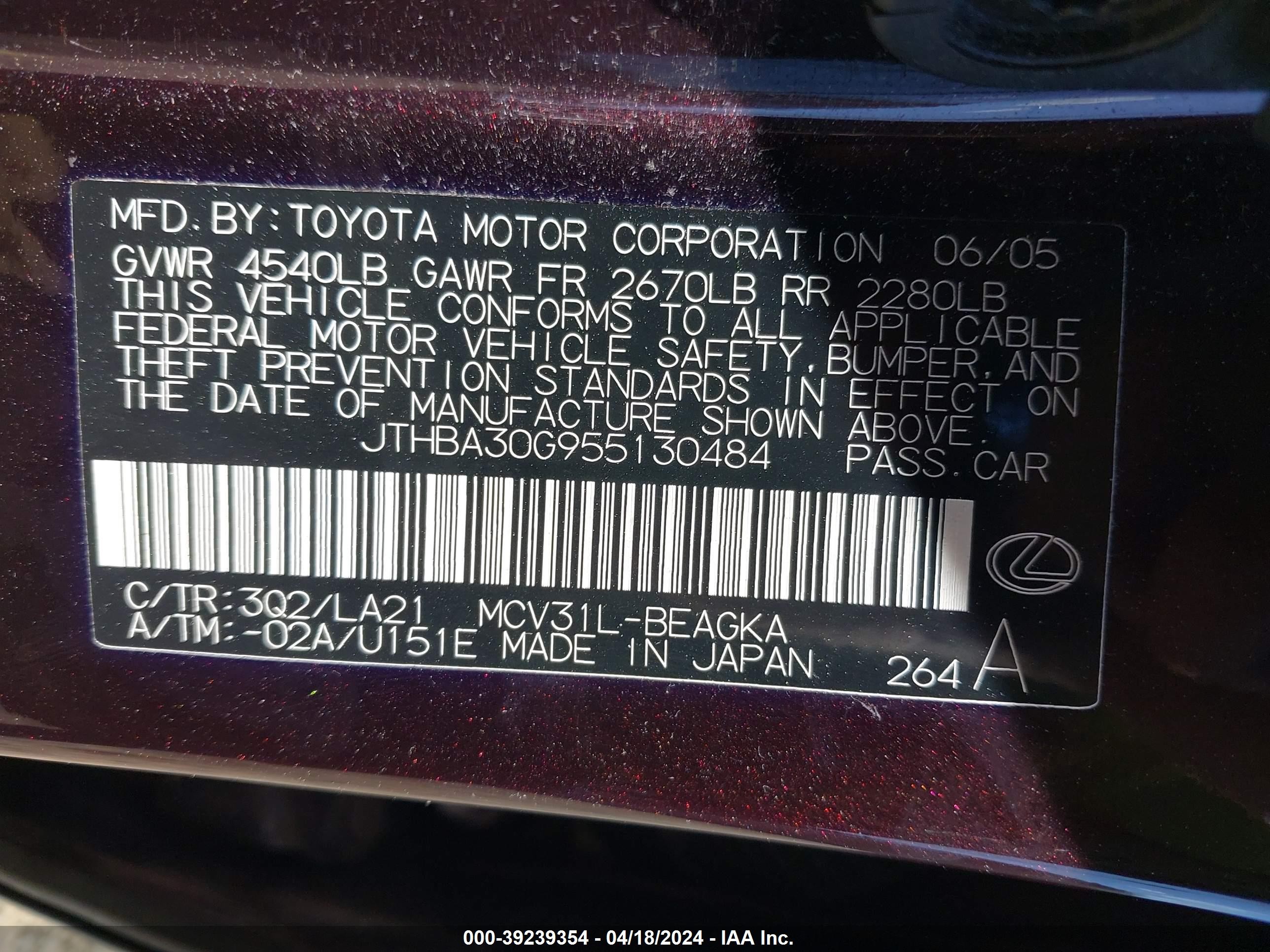 Photo 8 VIN: JTHBA30G955130484 - LEXUS ES 