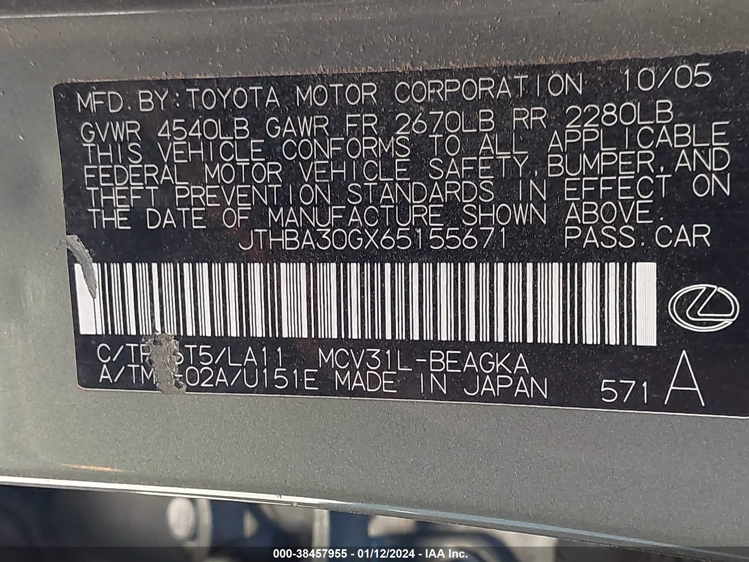 Photo 8 VIN: JTHBA30GX65155671 - LEXUS ES 