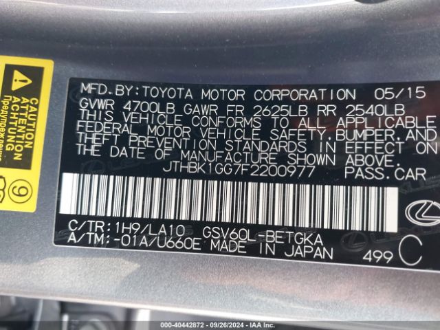 Photo 8 VIN: JTHBK1GG7F2200977 - LEXUS ES 