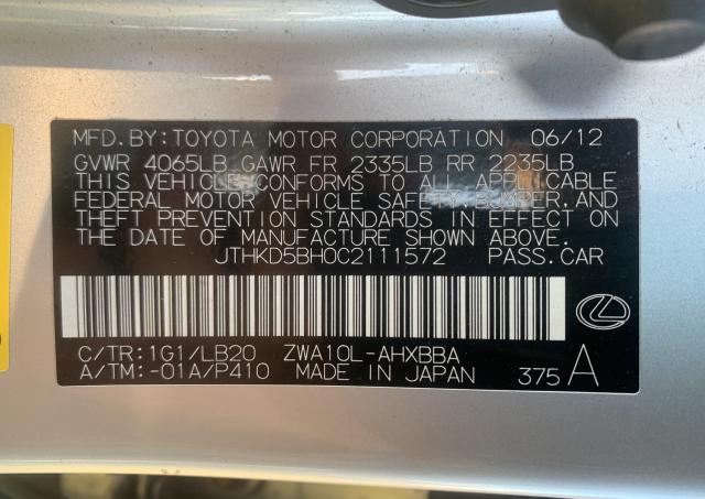 Photo 9 VIN: JTHKD5BH0C2111572 - LEXUS CT 200 