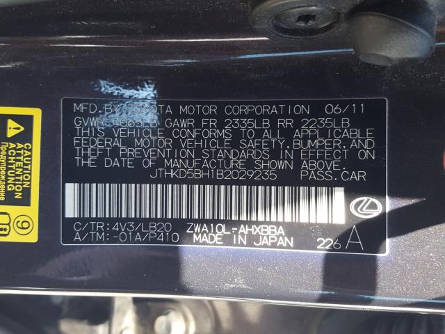 Photo 9 VIN: JTHKD5BH1B2029235 - LEXUS CT 200 