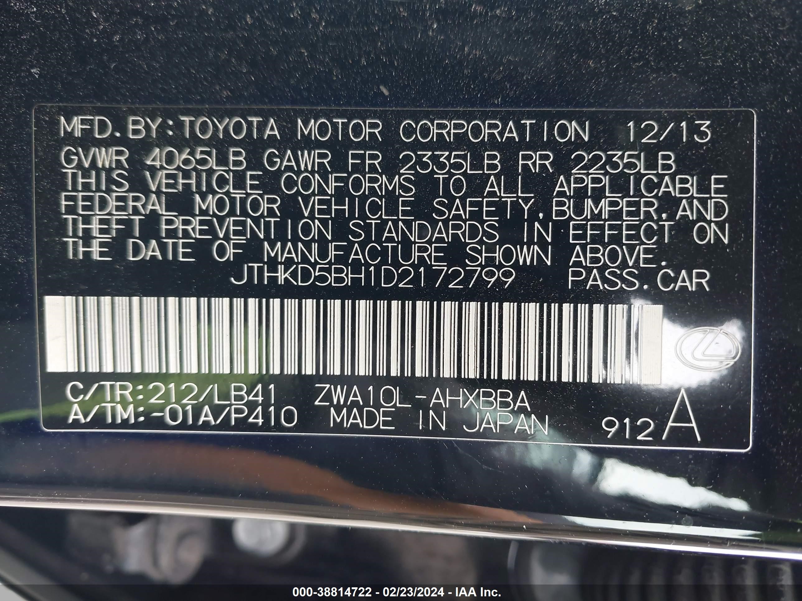 Photo 8 VIN: JTHKD5BH1D2172799 - LEXUS CT 