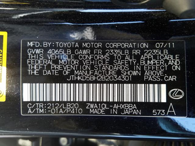 Photo 9 VIN: JTHKD5BH2B2034301 - LEXUS CT 200 