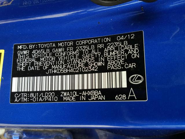 Photo 9 VIN: JTHKD5BH4C2102342 - LEXUS CT 200 