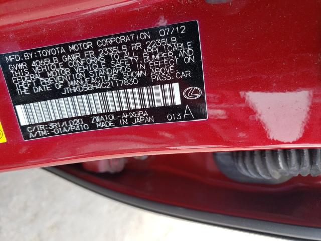 Photo 9 VIN: JTHKD5BH4C2117830 - LEXUS CT 200 