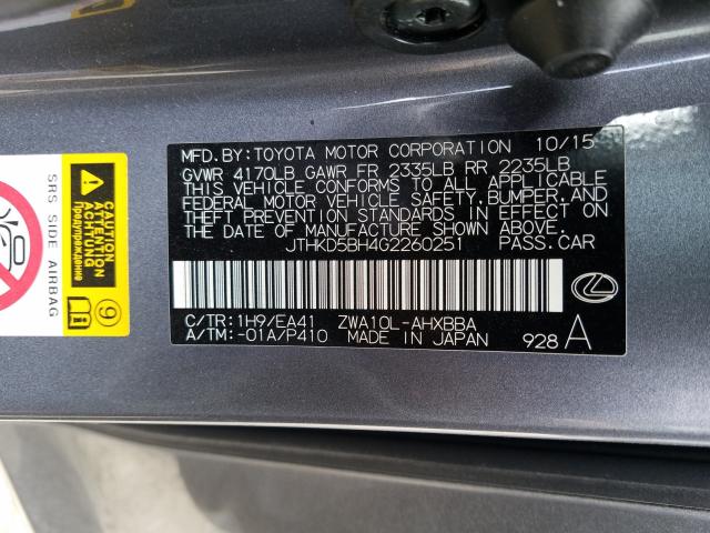 Photo 9 VIN: JTHKD5BH4G2260251 - LEXUS CT 200 