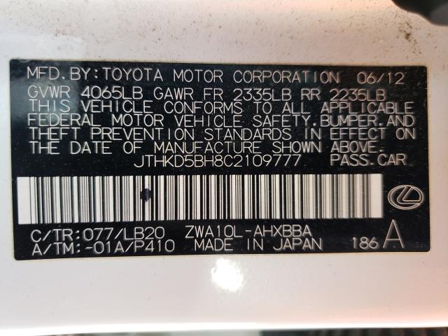 Photo 9 VIN: JTHKD5BH8C2109777 - LEXUS CT 200 