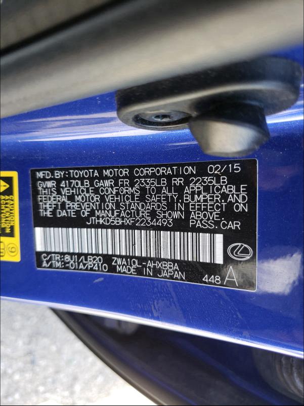 Photo 9 VIN: JTHKD5BHXF2234493 - LEXUS CT 200 