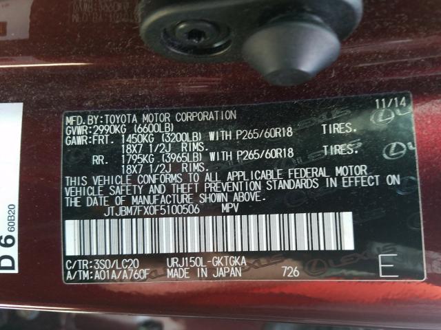 Photo 9 VIN: JTJBM7FX0F5100506 - LEXUS GX 460 